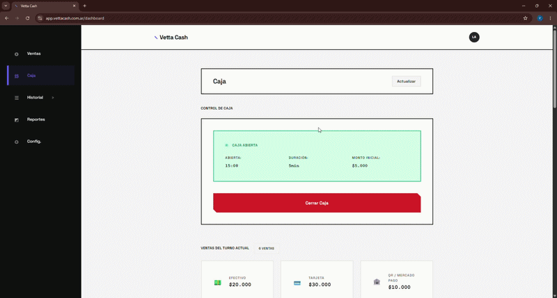 Demo: cierre de caja automático con balance de efectivo en Vetta Cash