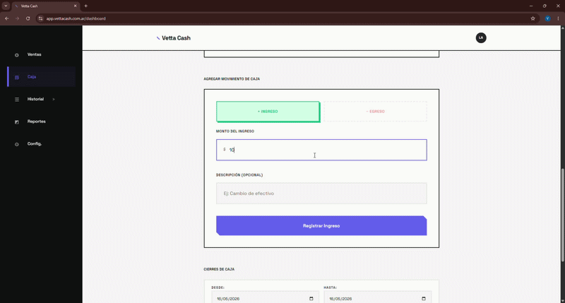 Demo: registro de ingresos y egresos por medio de pago en Vetta Cash