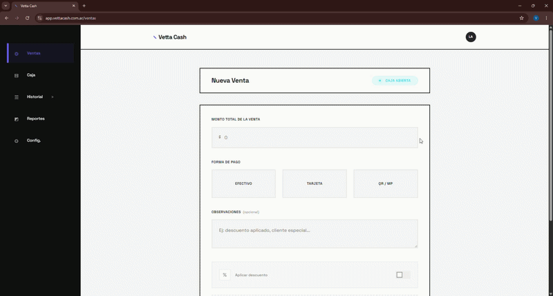 Demo: cómo registrar una venta en Vetta Cash en 3 segundos